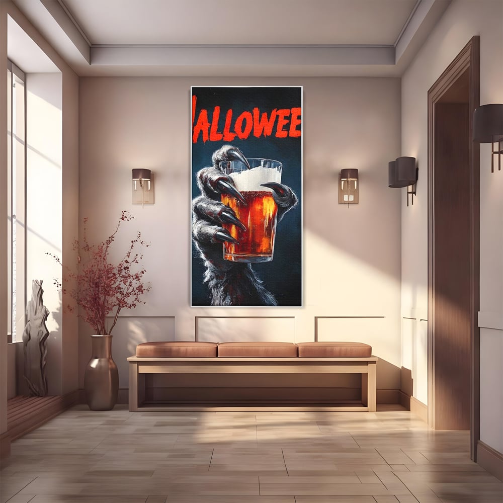 Tablou canvas cu tablou canvas cu varcolac tinand bere, in rama de aluminiu argintiu